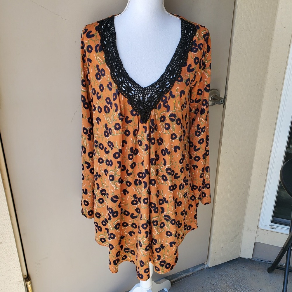 Savannah Rae Top Womens Large Orange Black Green Tunic‎ Dress Hippie Boho Chic